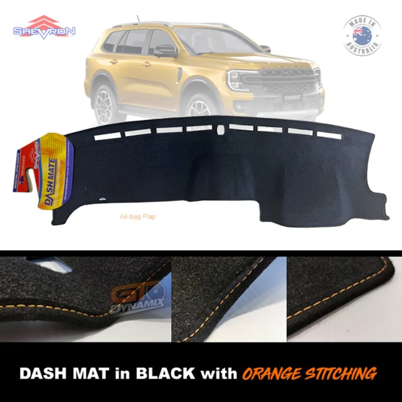 Shevron Black Dash Mat + Orange Stitching For Ford Everest Ambiente Trend Sport & Platinum w/ In Dash Glove Box 6/2022-2024 DMO1652