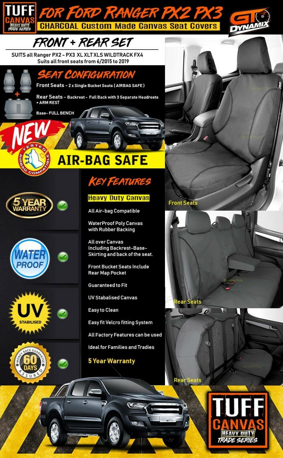 TUFF HD TRADE Canvas Seat Covers Ford Ranger PX1 XL XLT 2ROW 10/2011-5/2015 BLACK