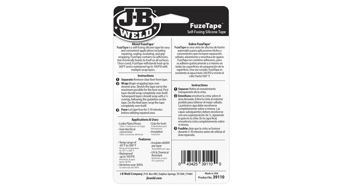 JB Weld Fuze Tape Self-fusing Silicone Tape 25.4mm x 3.05m