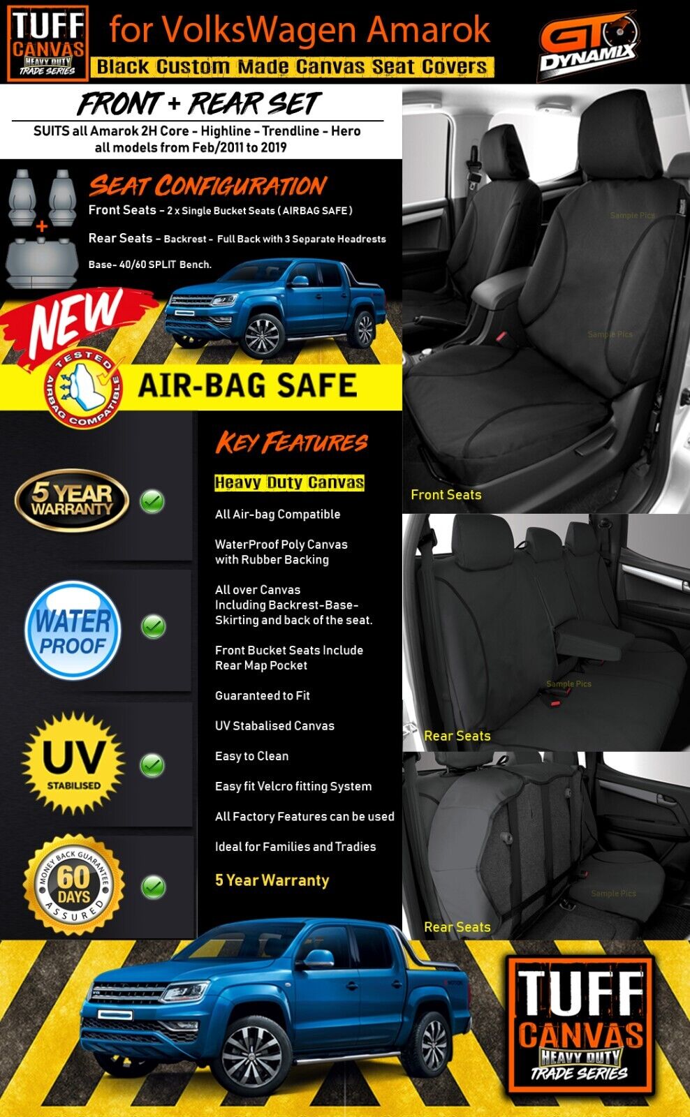 TUFF HD TRADE Canvas Seat Covers Front For Volkswagen Amarok 2H 2011-2022 Black