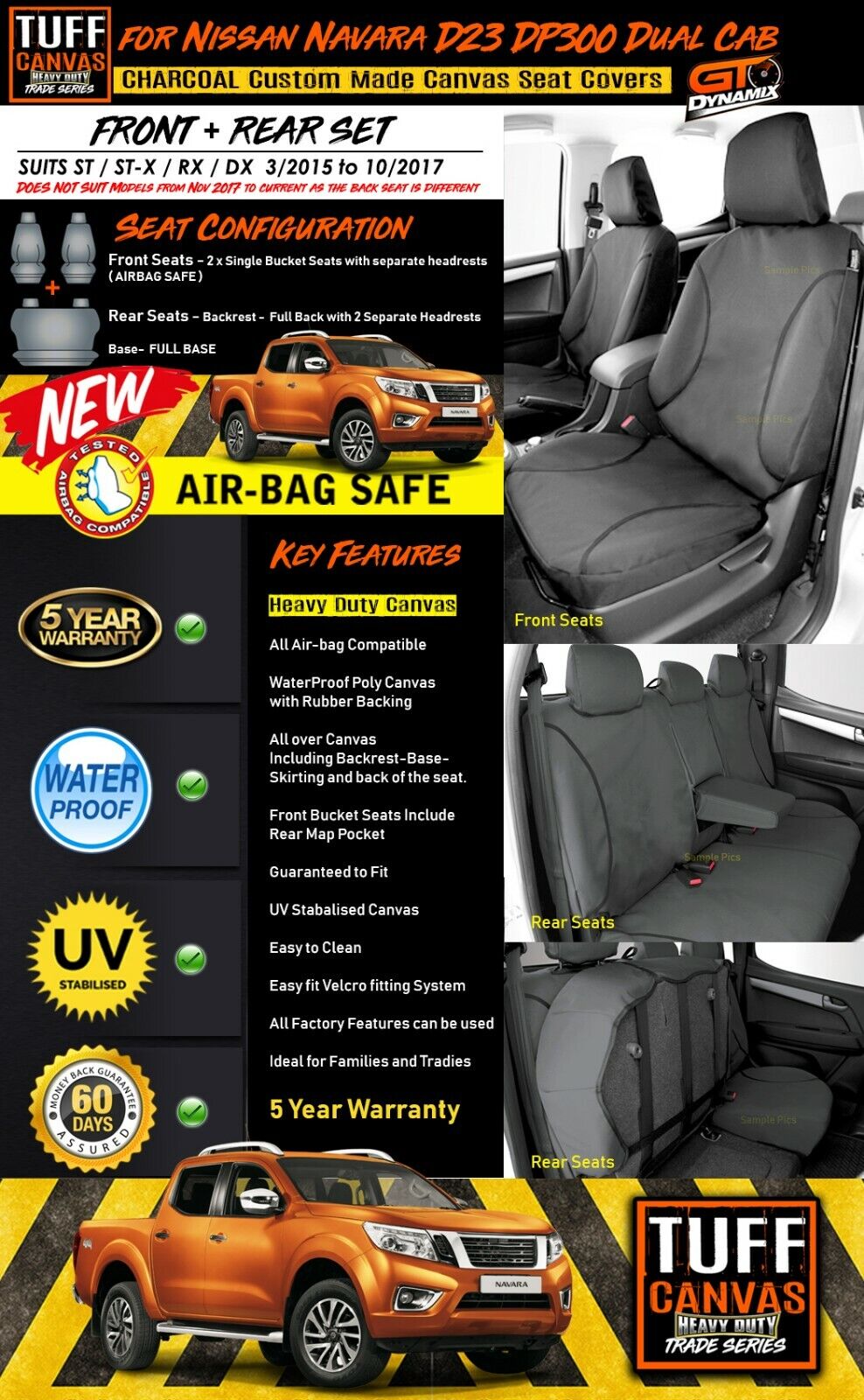 TUFF HD TRADE Canvas Seat Covers 2 Rows For Nissan Navara D23 NP300 ST ST-X 3/2015-10/2017 Charcoal