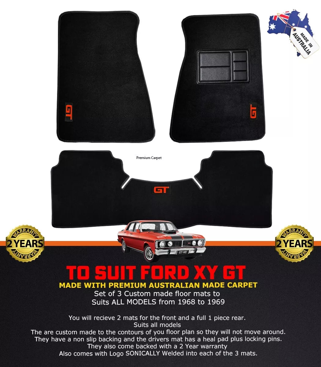 Custom Made Floor Mats 2 Row for Ford XY GT GTHO 1970-1972 RED LOGO BLACK