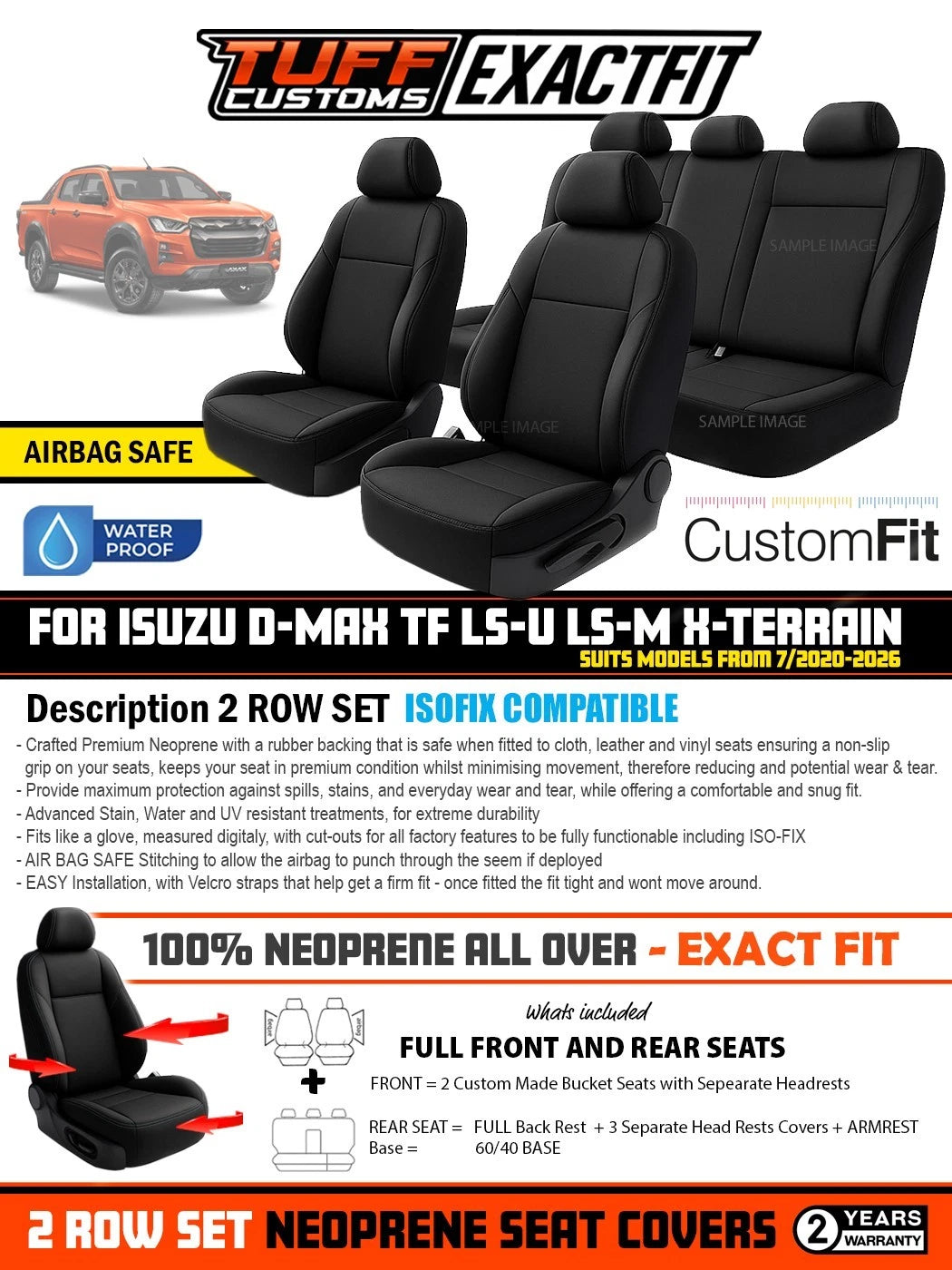 TUFF Customs EXACTFIT Neoprene Seat Covers Isuzu Dmax D-Max TF LS-U LS-M X-Terrain Blade 7/2020-2026 2 Rows