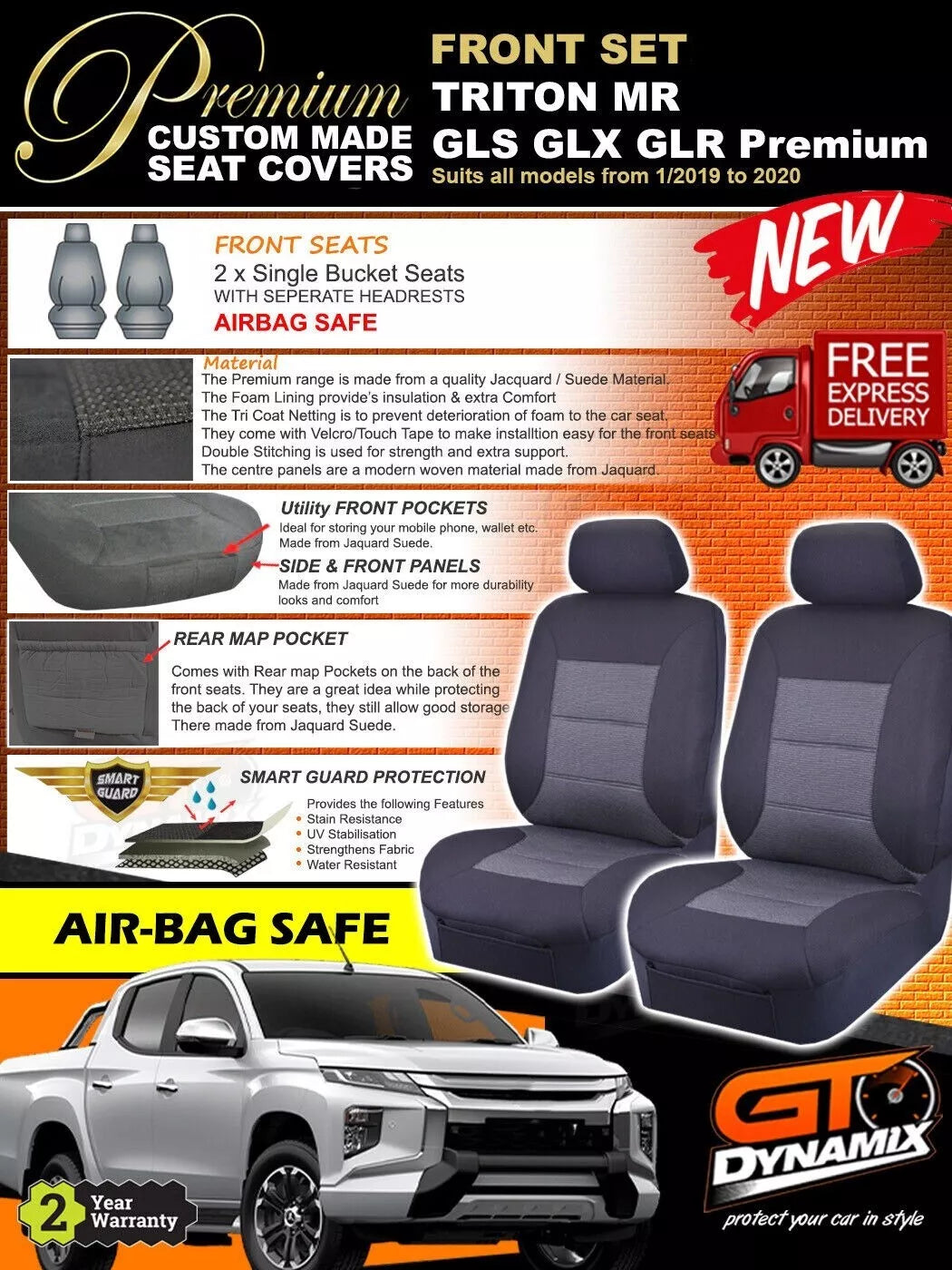 Premium Seat Covers Front Black For Mitsubishi Triton MQ MR GLX GLS Exceed 2015-2023