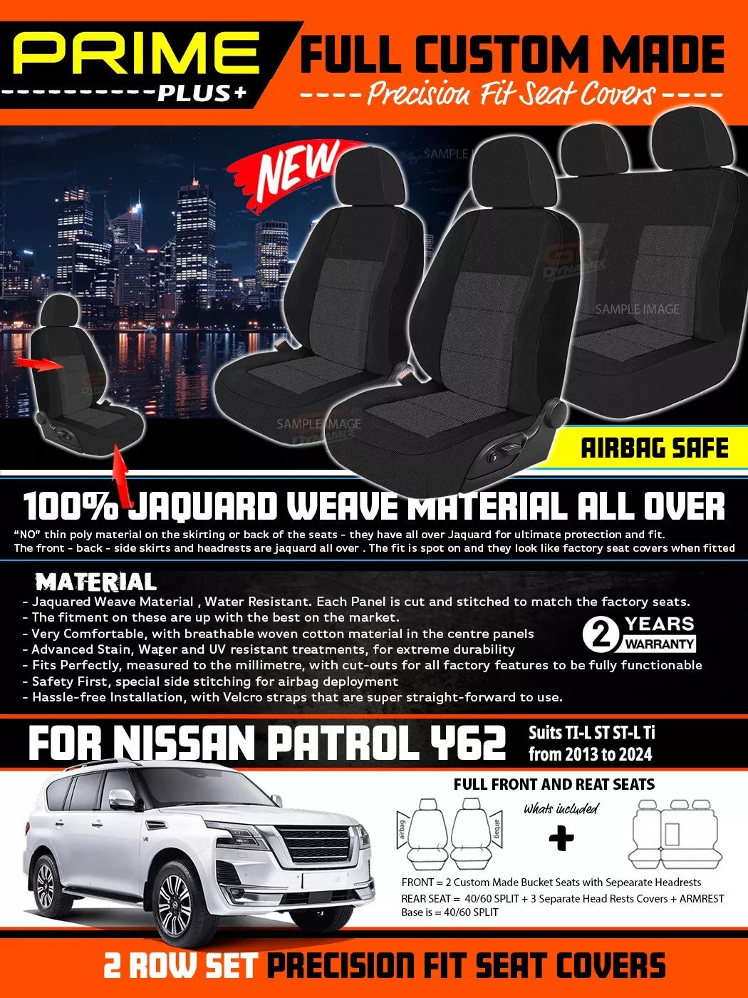PRIME PLUS Seat Covers 2 Rows Black For Nissan Y62 Patrol Ti Ti-L ST 2013-2025