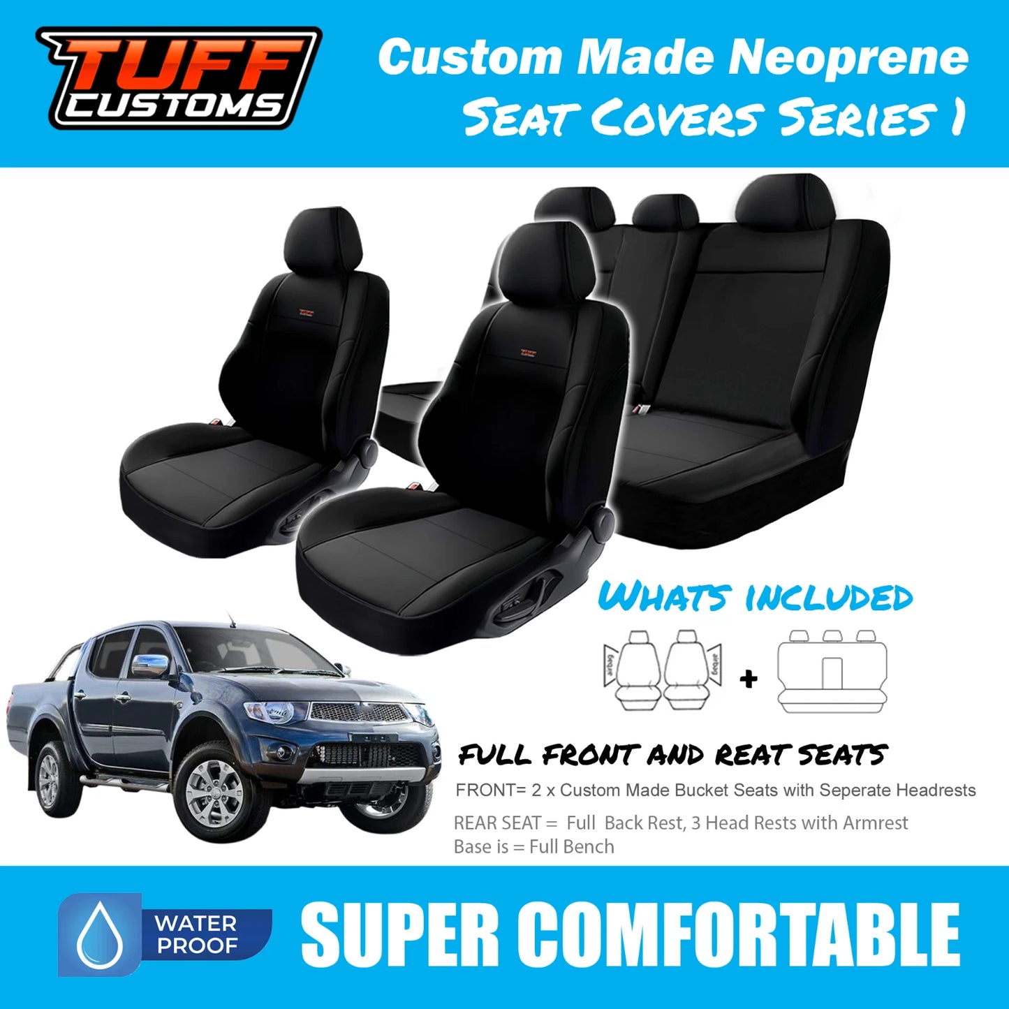 TUFF Customs S1 Neoprene Seat Covers 2 Rows For Mitsubishi Triton MN ML Dual Cab GLS GLX-R 2R 2006-2015