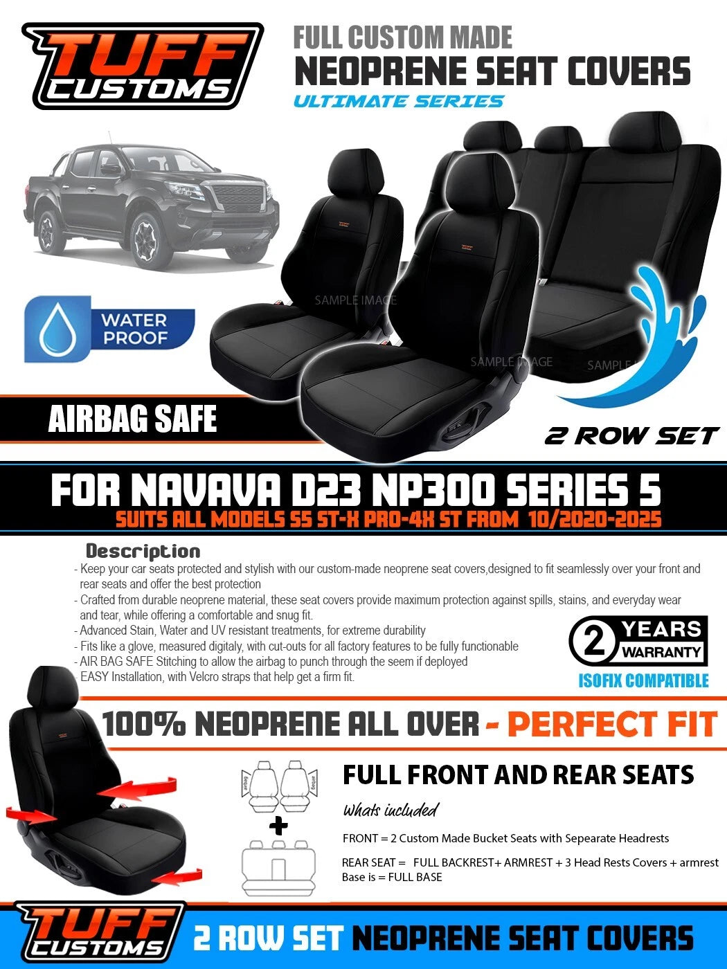 Tuff Customs Neoprene Seat Covers 2 Rows For Nissan Navara D23 NP300 S5 PRO-4X ST 10/2020-2024