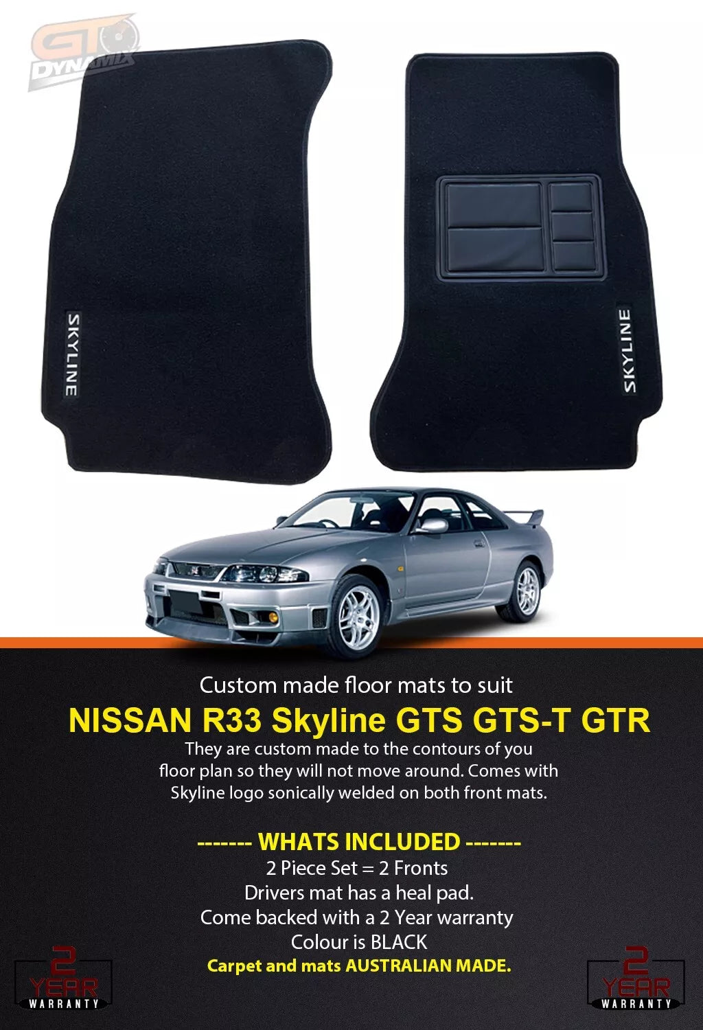 Custom Made Floor Mats Front For Nissan R33 Skyline in 1989-1993 GTS-T GTS GT-R BLACK