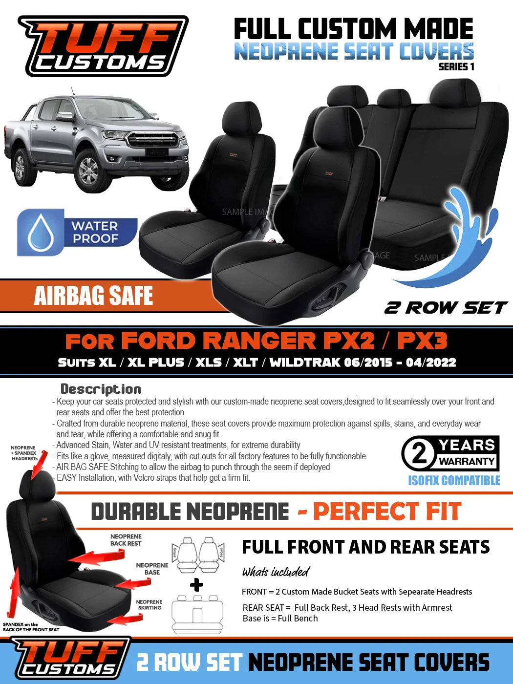 TUFF Customs S1 Neoprene Seat Covers For Ford RANGER PX2 PX3 XLT SPORT Wildtrack 2015-2022 2 Rows Black