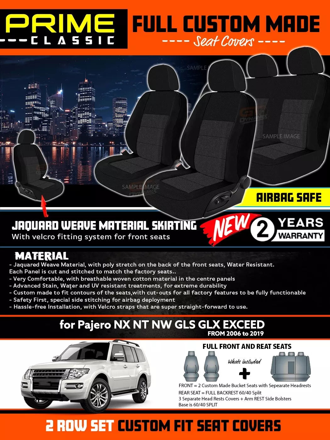 PRIME CLASSIC Seat Covers 2 Rows For Mitsubishi Pajero NS NT NW NX GLS GLX VRX 2006-2019 Black