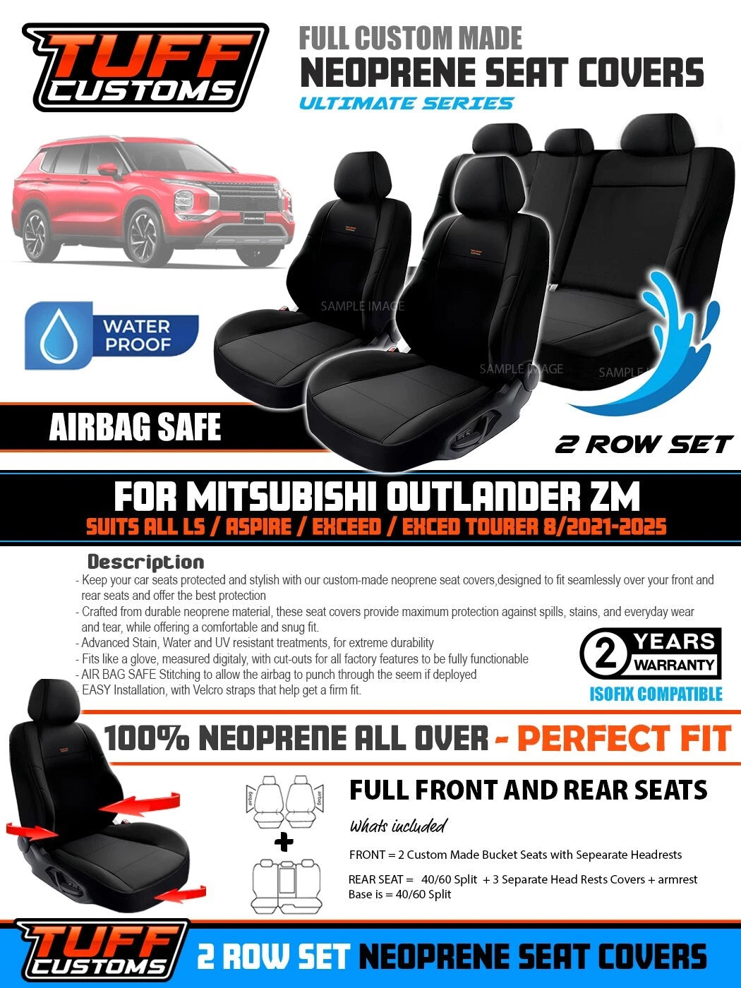 TUFF Customs Neoprene Seat Covers 2 Rows For Mitsubishi ZM Outlander LS Aspire Exceed 8/2021-2024