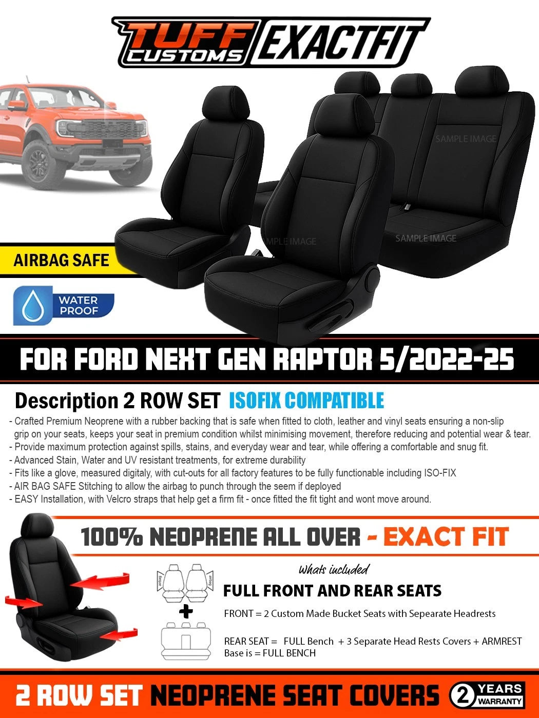 TUFF Customs EXACTFIT Neoprene Seat Covers FORD NEXT GEN RANGER RAPTOR 5/2022-2025 2 Rows