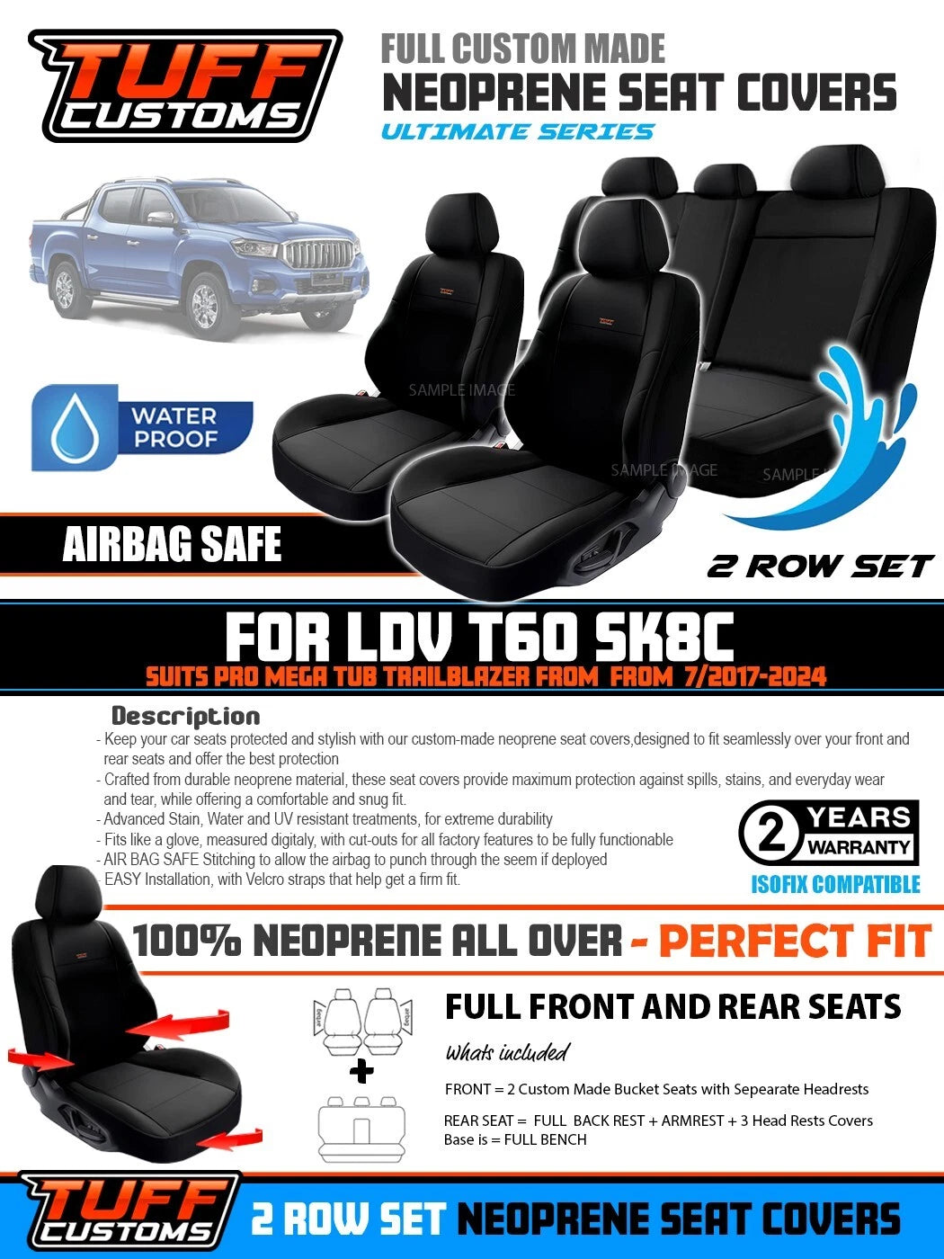 Tuff Customs Neoprene Seat Covers 2 Rows For LDV T60 SK8C Pro Trailrider Megatub 7/2017-2024
