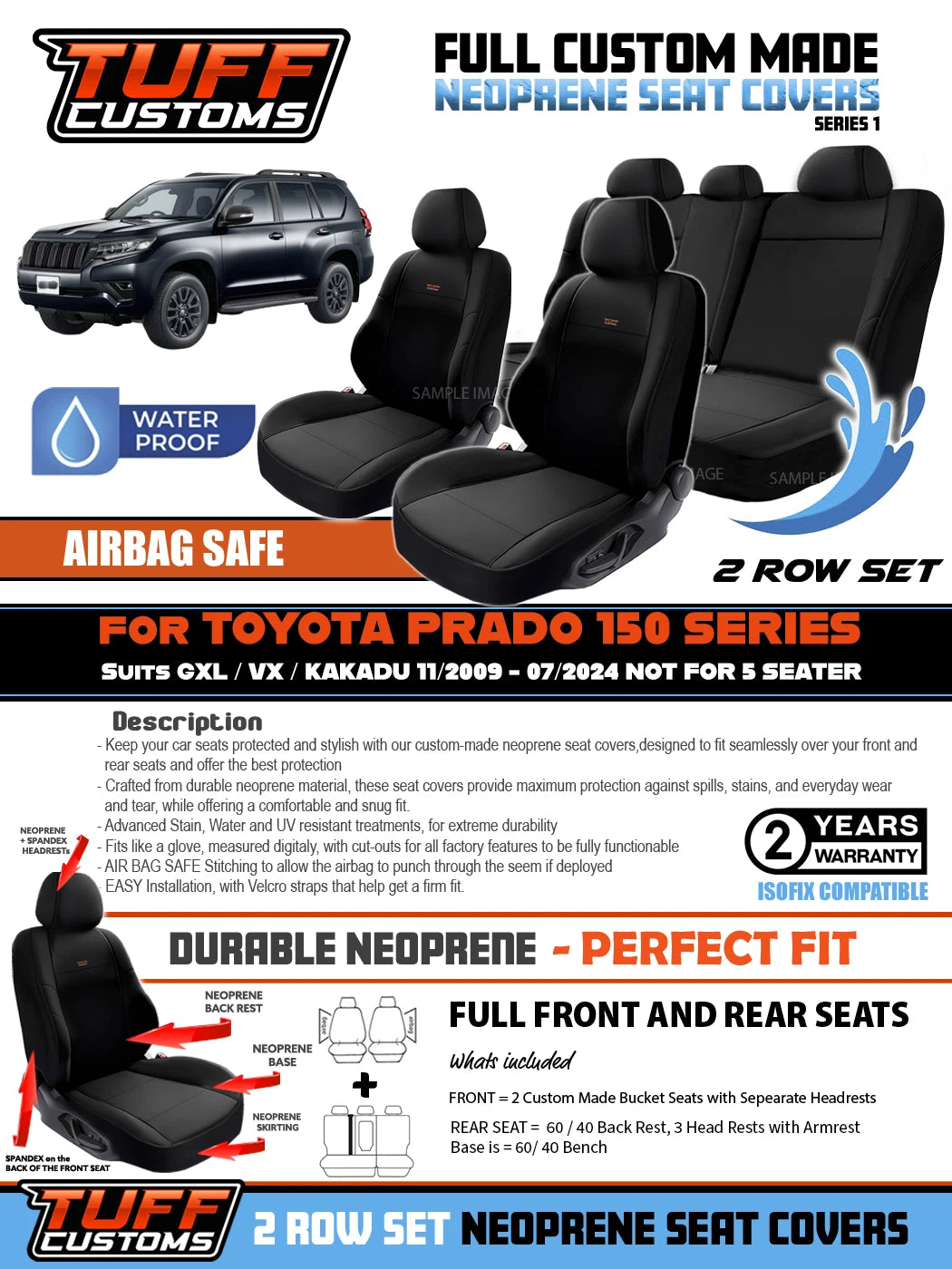 TUFF Customs S1 Neoprene Seat Covers 2 Rows For Toyota Prado 150 GXL VX 2009-5/2021