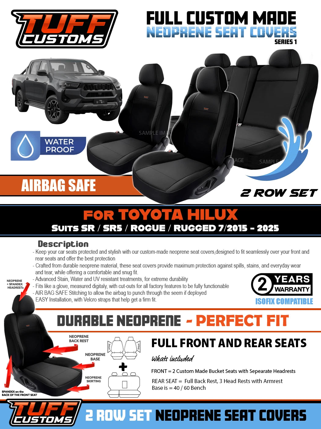 TUFF Customs S1 Neoprene Seat Covers 2 Rows For Toyota Hilux SR5 SR ROGUE 7/2015-2024