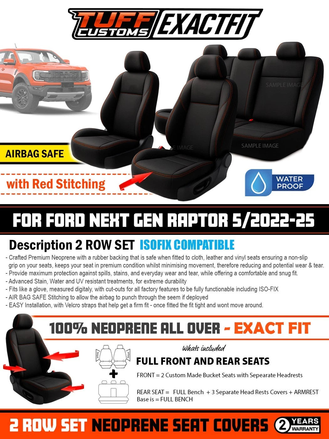 TUFF Customs EXACTFIT Neoprene Seat Covers FORD NEXT GEN RAPTOR 2022-2025 RED STITCH 2 Rows