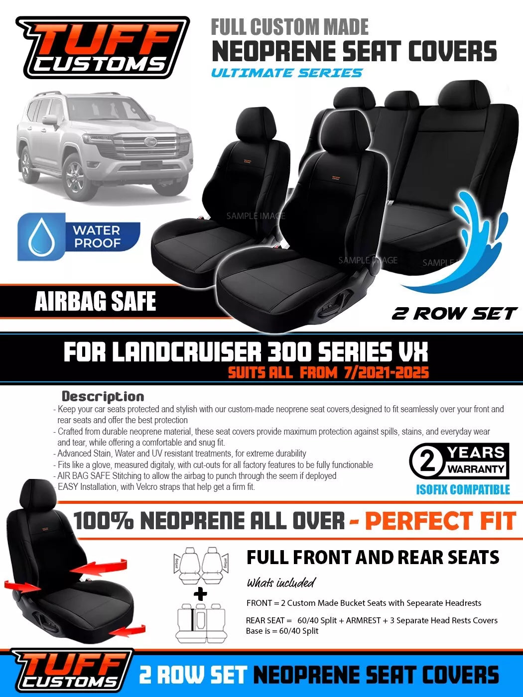 Tuff Customs Neoprene Seat Covers 2 Rows For Toyota Landcruiser 300 Series VX 7/2021-2024
