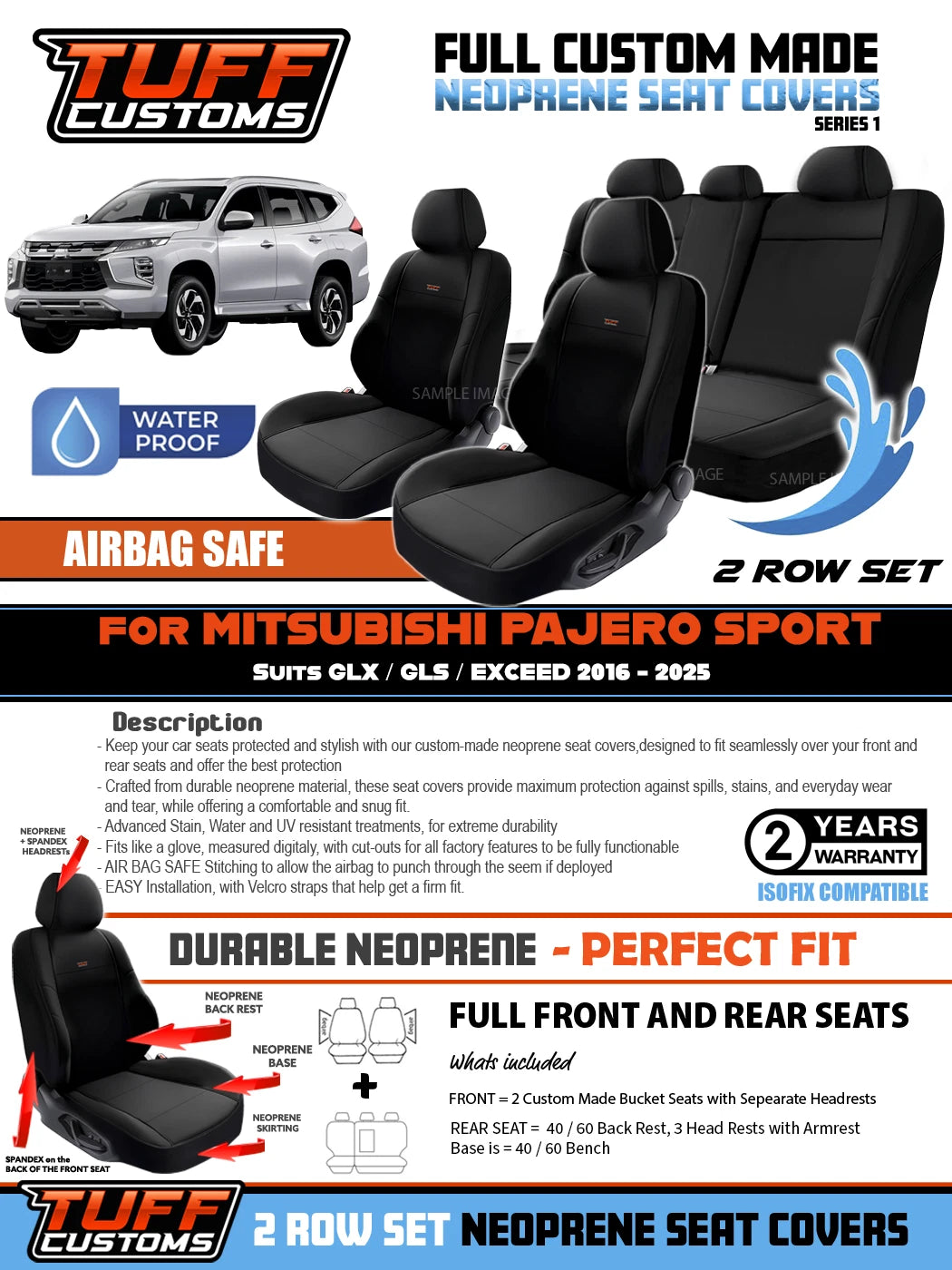 TUFF Customs S1 Neoprene Seat Covers 2 Rows For Mitsubishi Pajero Sport GLX GLS GSR EXCEED 1/2016-2024