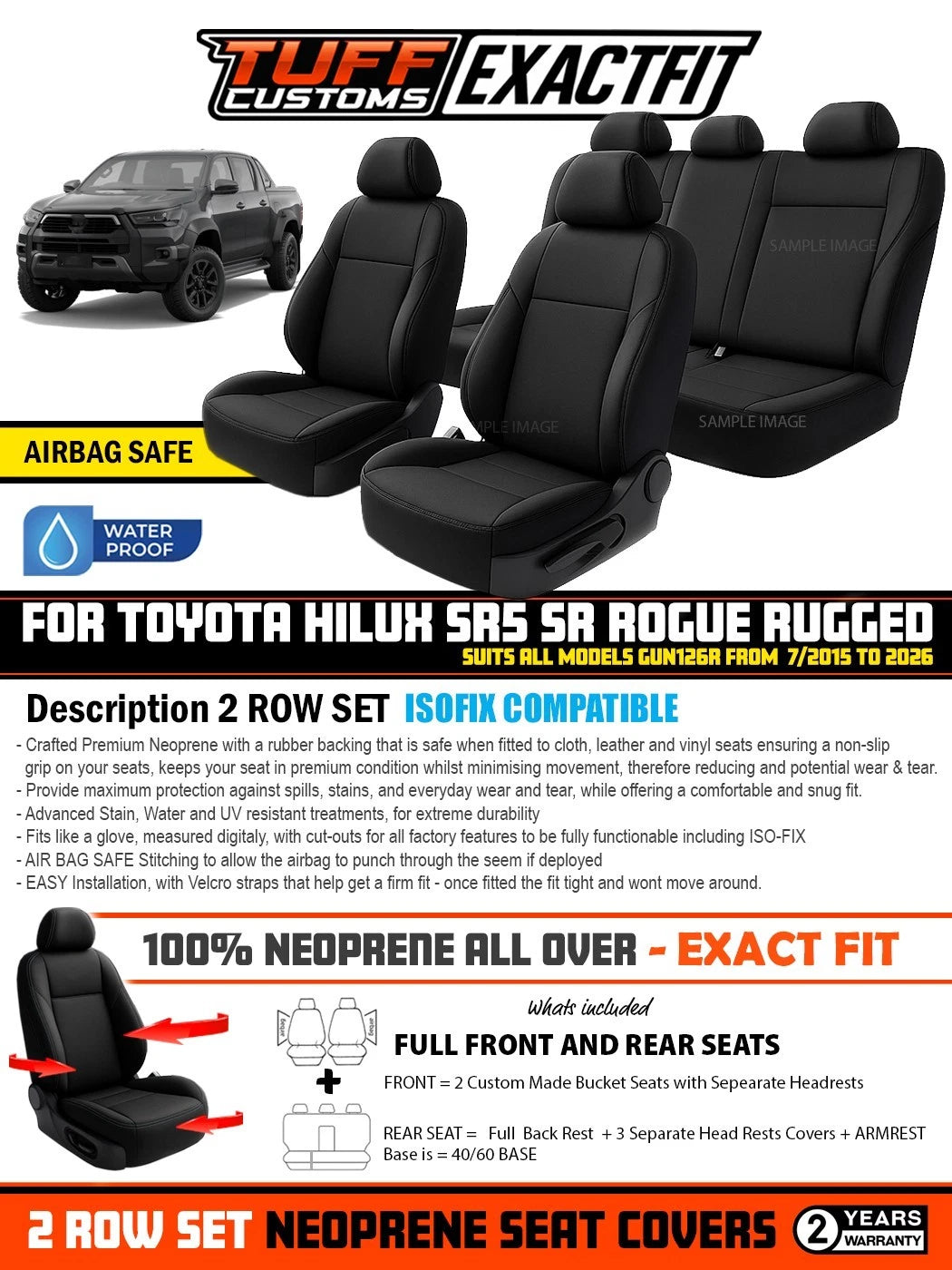 TUFF Customs EXACTFIT Neoprene Seat Covers for Toyota HILUX SR5 SR Rouge Rugged 7/2015-2026 2 Rows