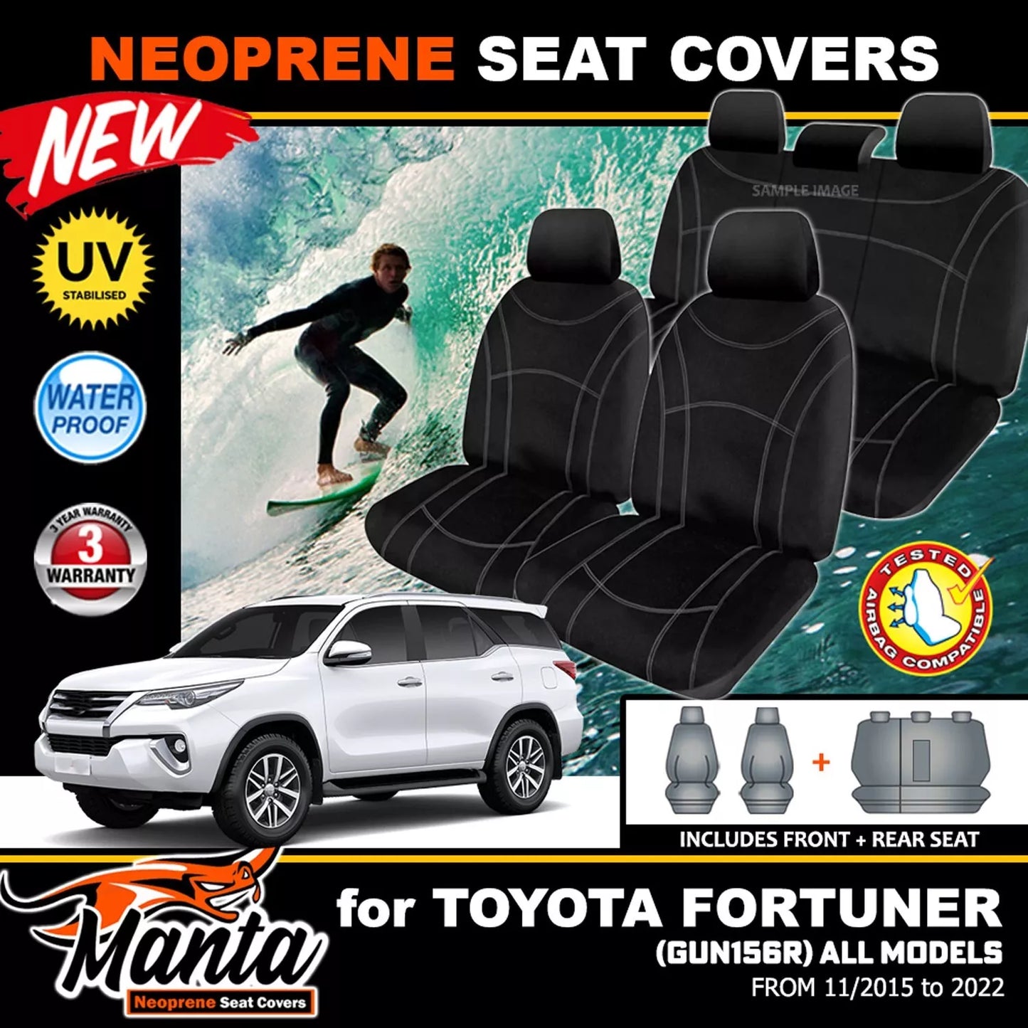 Manta Neoprene 2 Rows Seat Covers For Fortuner GX GXL Crusade 11/2015-2025