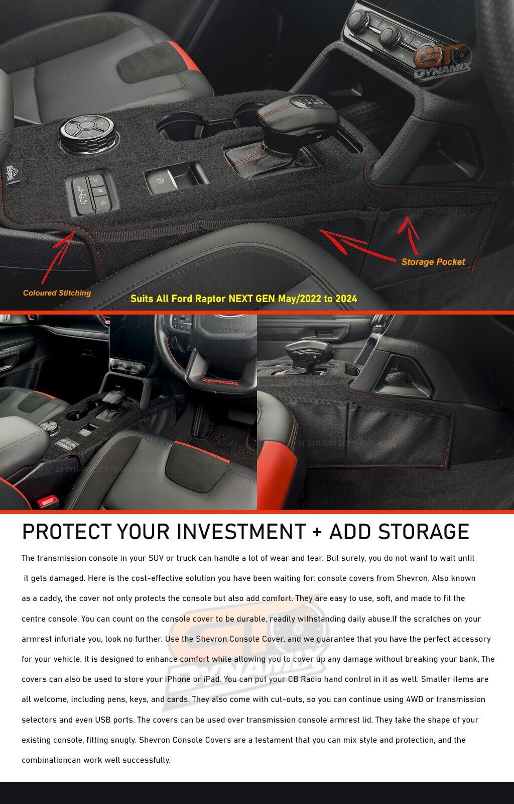 Shevron Transmission Console Cover + Red Stitching For Ford Ranger Wildtrak Sport Small Gear Selector 5/2022-2024