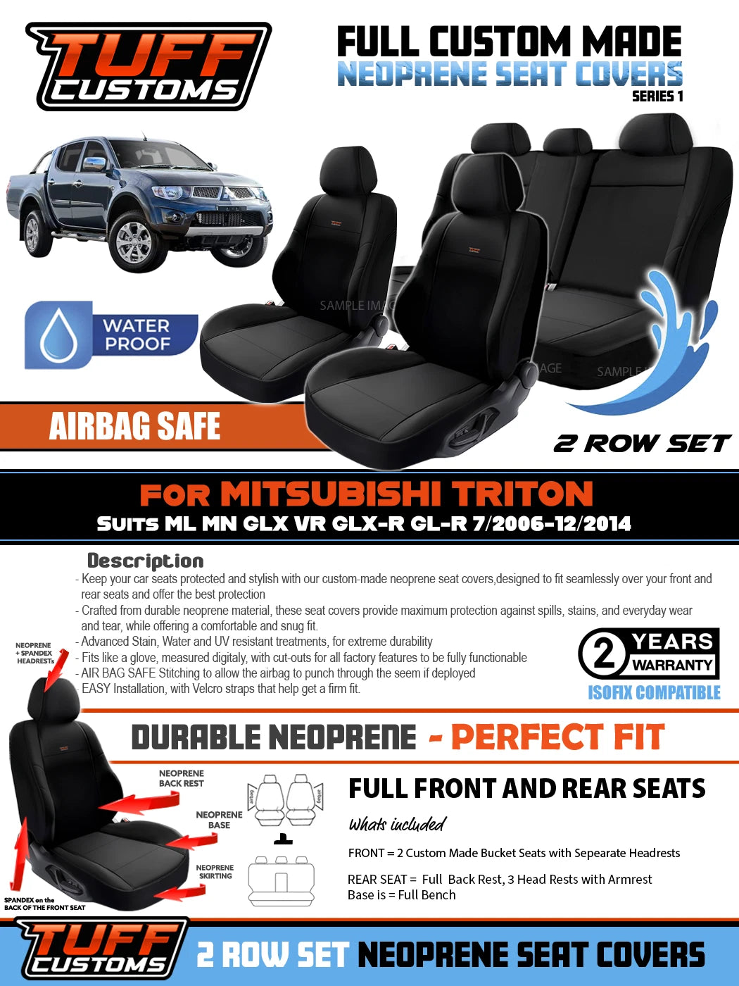 TUFF Customs S1 Neoprene Seat Covers 2 Rows For Mitsubishi Triton MN ML Dual Cab GLS GLX-R 2R 2006-2015