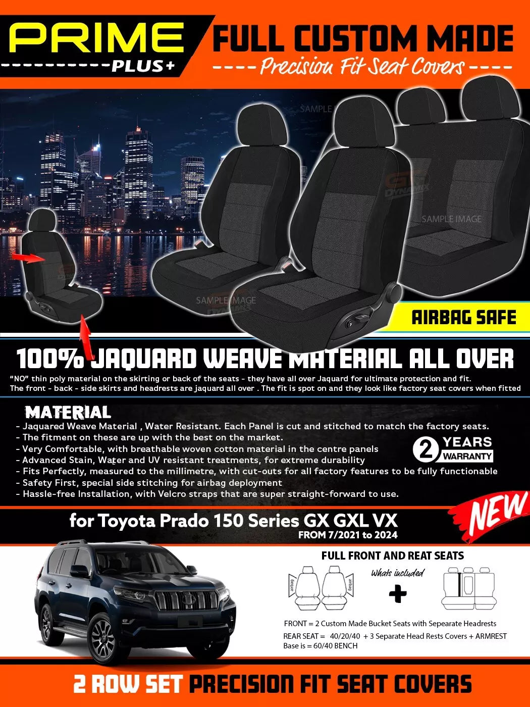 PRIME PLUS Seat Covers 2 Rows Black For Toyota Prado 150 Series GXL GX VX 7/2021-2025