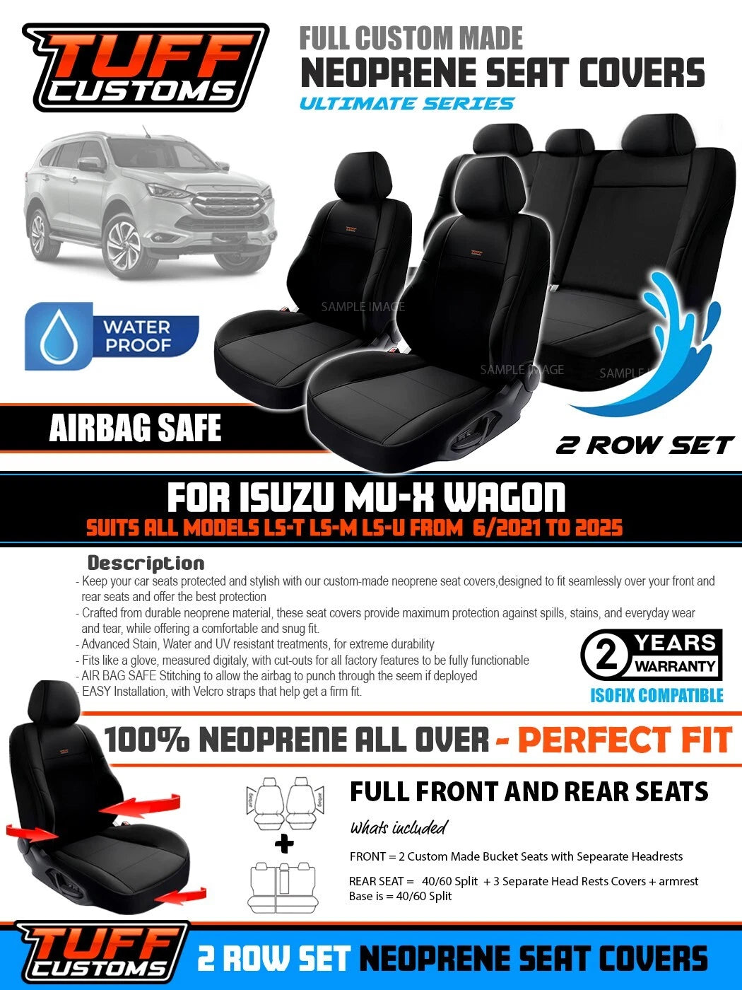 Tuff Customs Neoprene Seat Covers 2 Rows For Isuzu MU-X LS-U LS-M LS-T MUX 7/2021-24