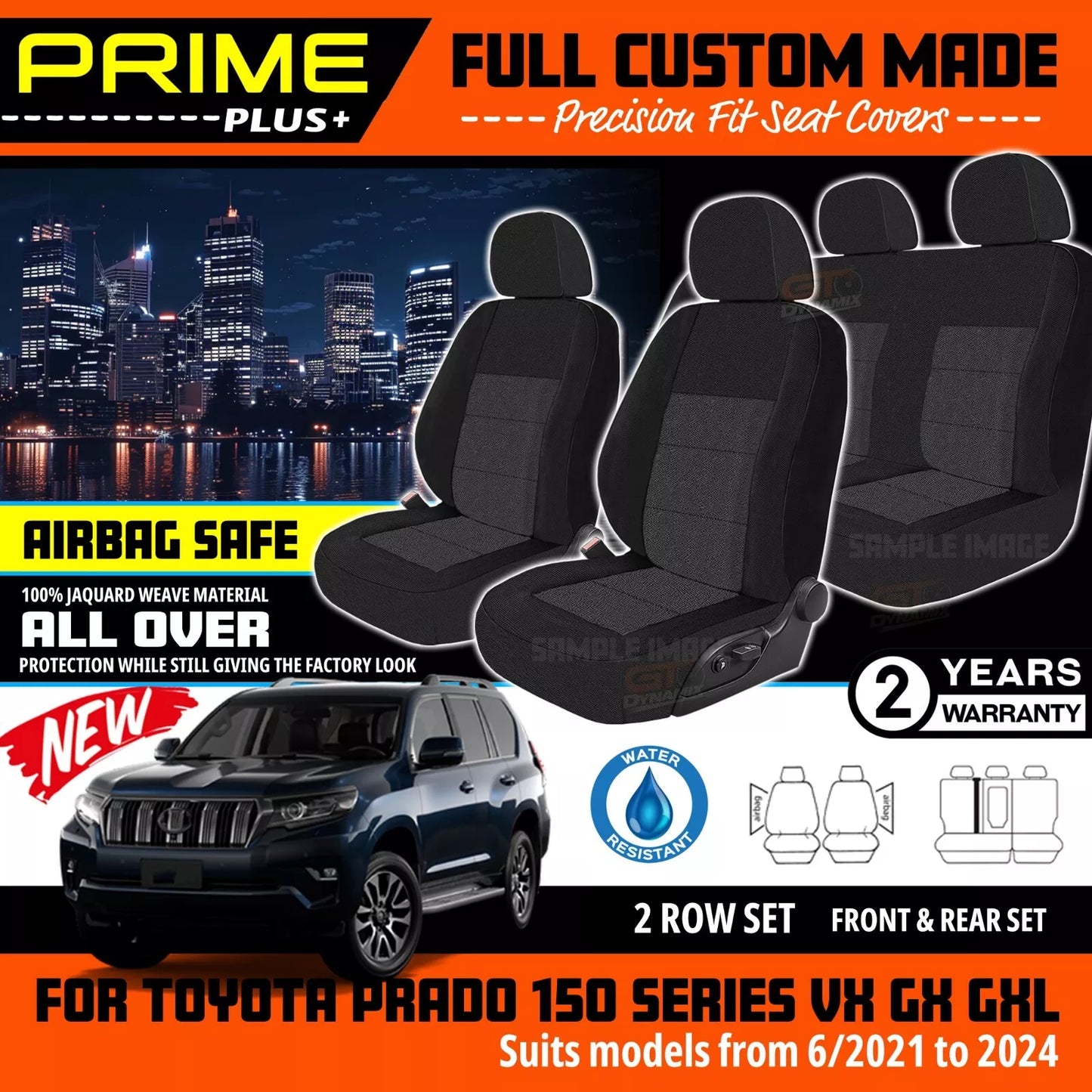 PRIME PLUS Seat Covers 2 Rows Black For Toyota Prado 150 Series GXL GX VX 7/2021-2025