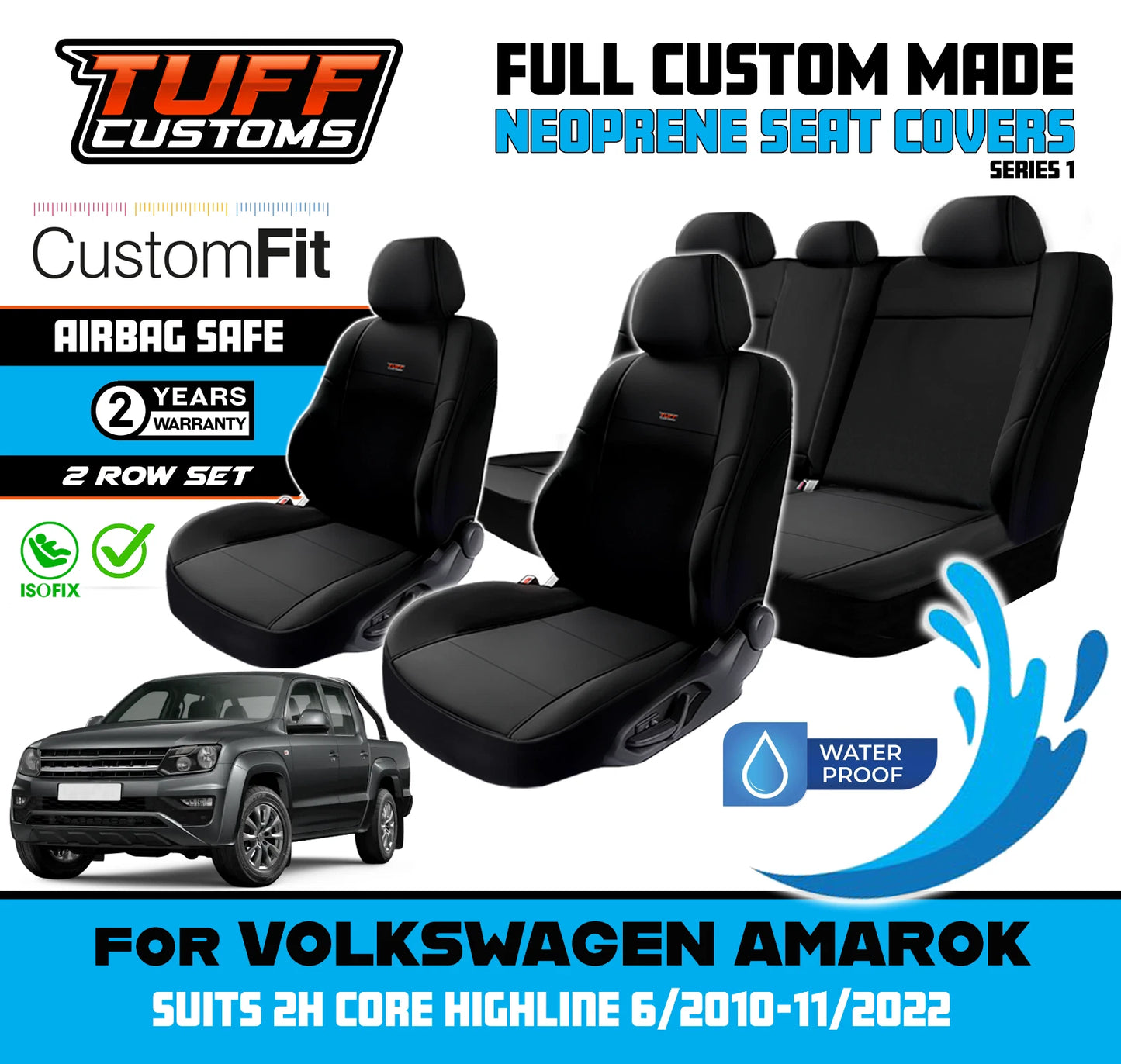 TUFF Customs S1 Neoprene Seat Covers 2 Rows For Volkswagen Amarok 2H Core Highline 6/2010-11/2022