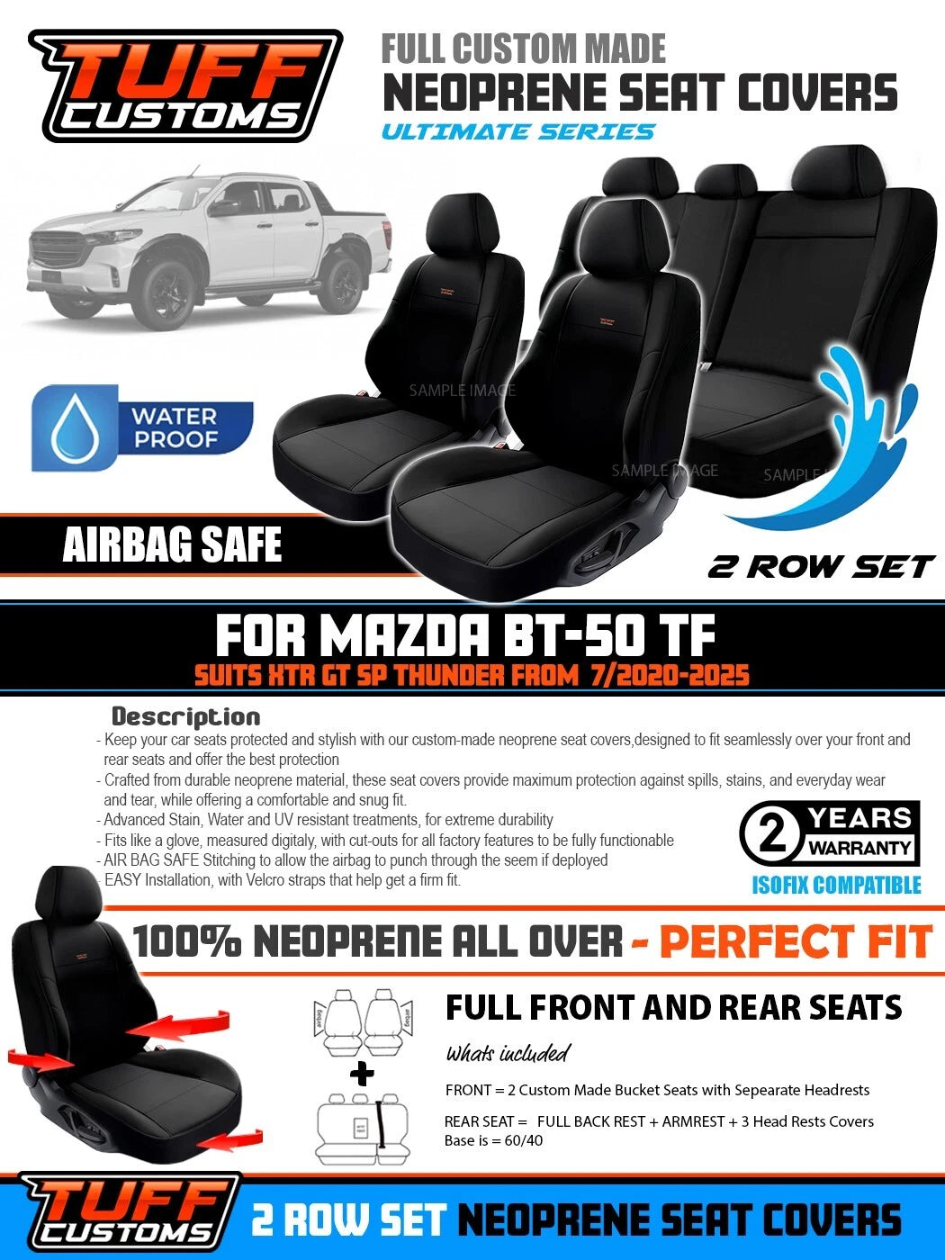 Tuff Customs Neoprene Seat Covers 2 Rows For Mazda BT50 TF XTR GT SP THUNDER 2020-25 BT-50