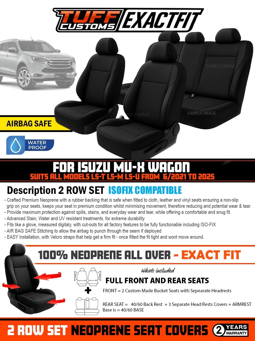 TUFF Customs ExactFit Neoprene Seat Covers Isuzu TF MU-X MUX LS-U LS-M LS-T 6/2021-2025 2 Rows