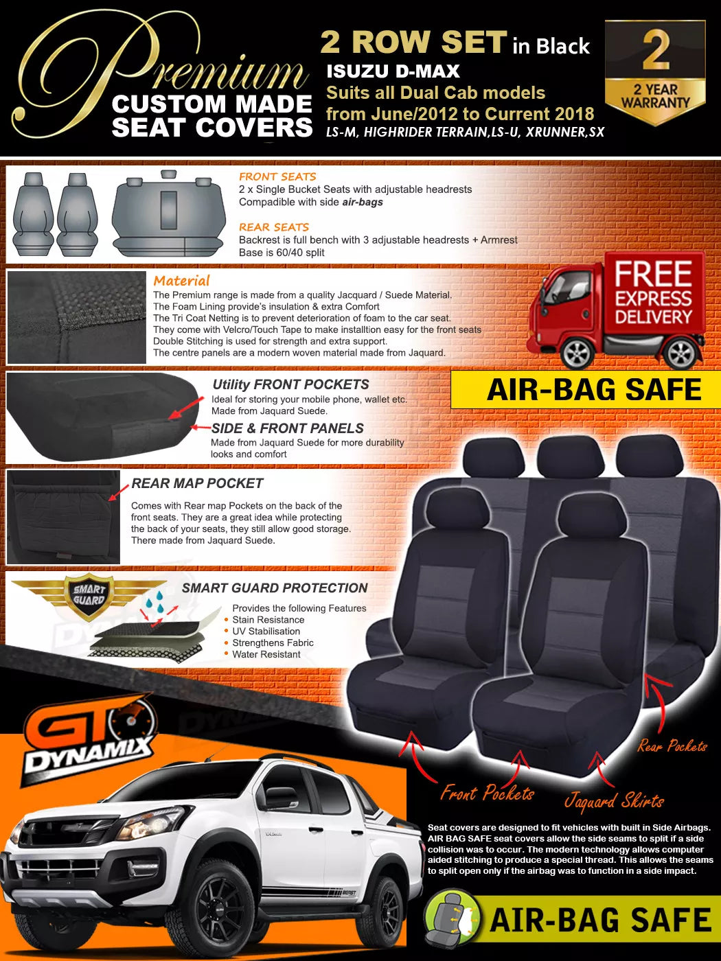 Premium Seat Covers 2 Rows Black For Isuzu Dmax D-Max TF CREW CAB LS-M LS-U 6/2012-6/2020