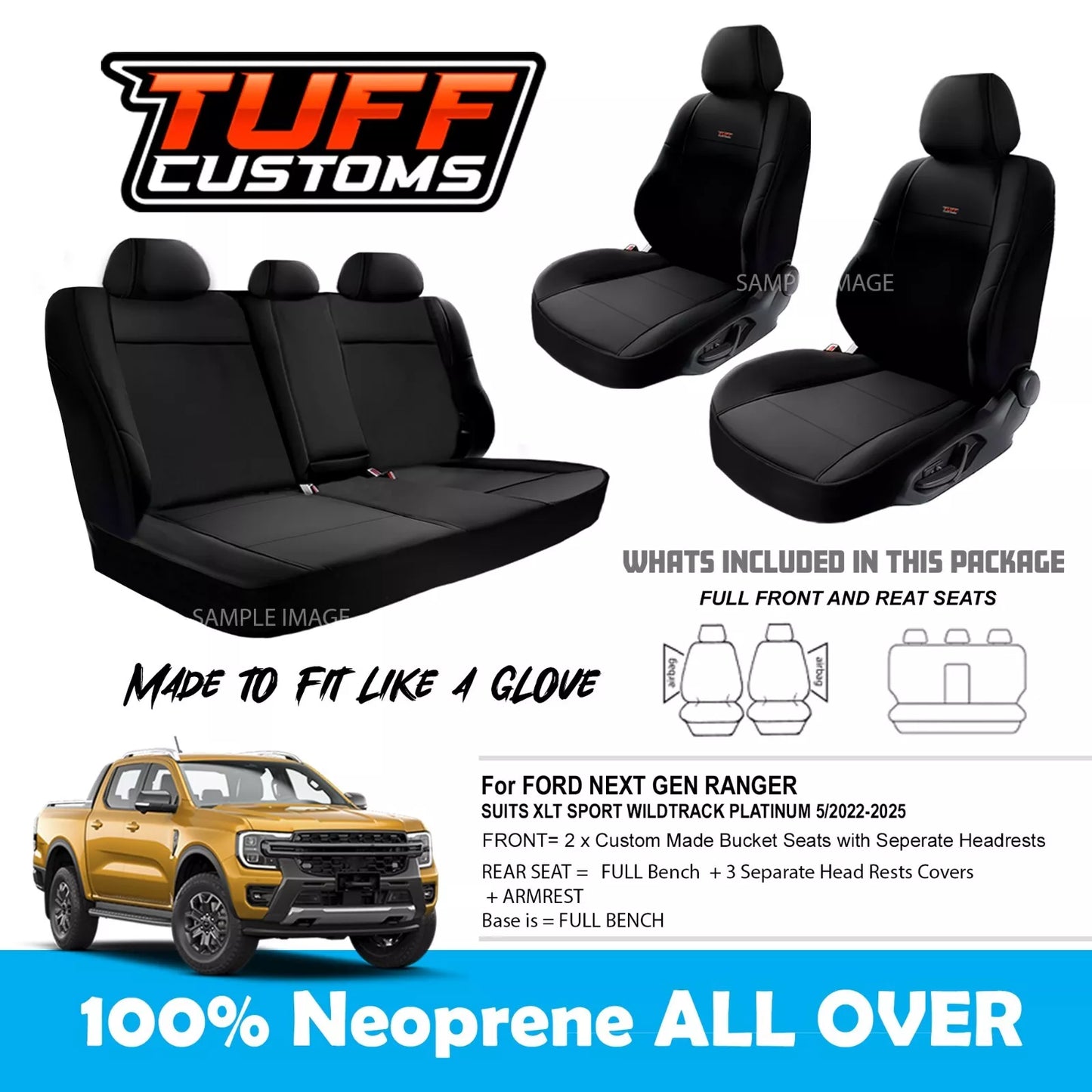 Tuff Customs Neoprene Seat Covers 2 Rows For FORD RANGER NEXT GEN XLT PLATINUM 5/2022-2025