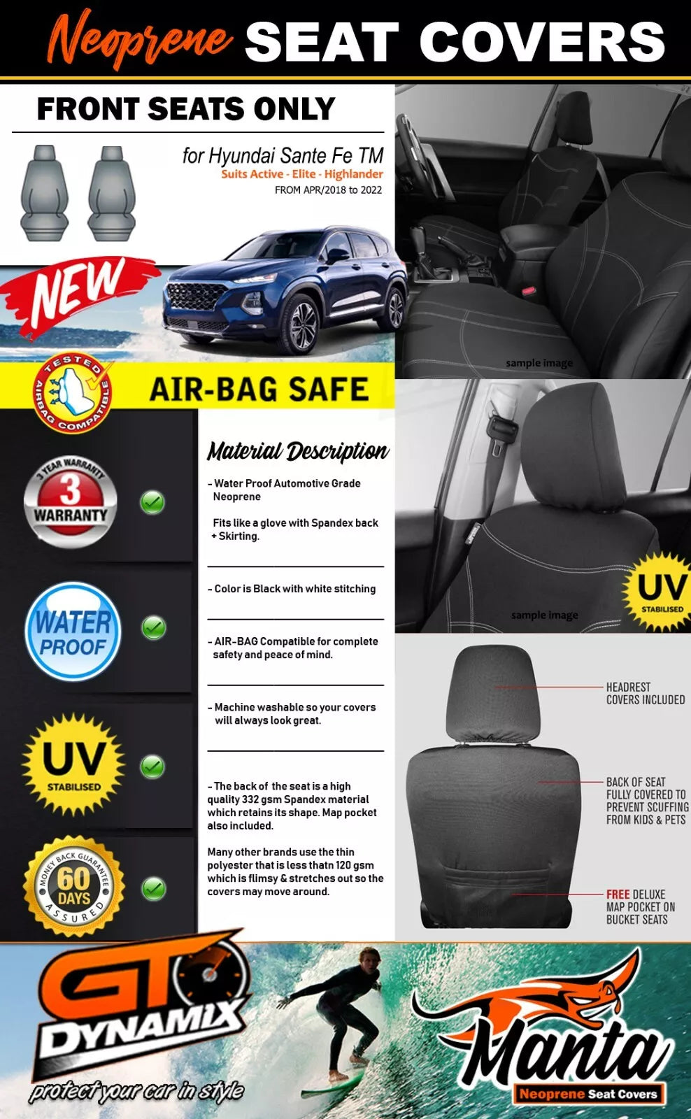 Manta Neoprene Front Seat Covers For Hyundai Sante Fe TM ACTIVE ELITE 2018-2024
