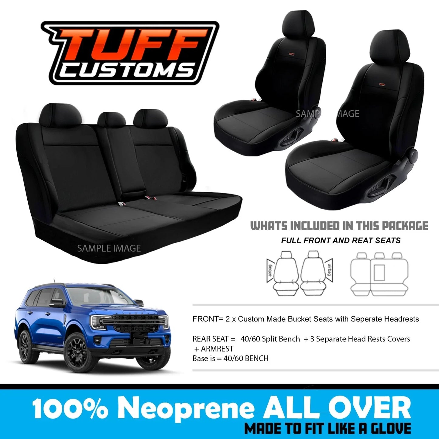 Tuff Customs Neoprene Seat Covers For Ford NEXT GEN EVEREST Platinum Ambiente 5/2022-2025 2 Rows Black