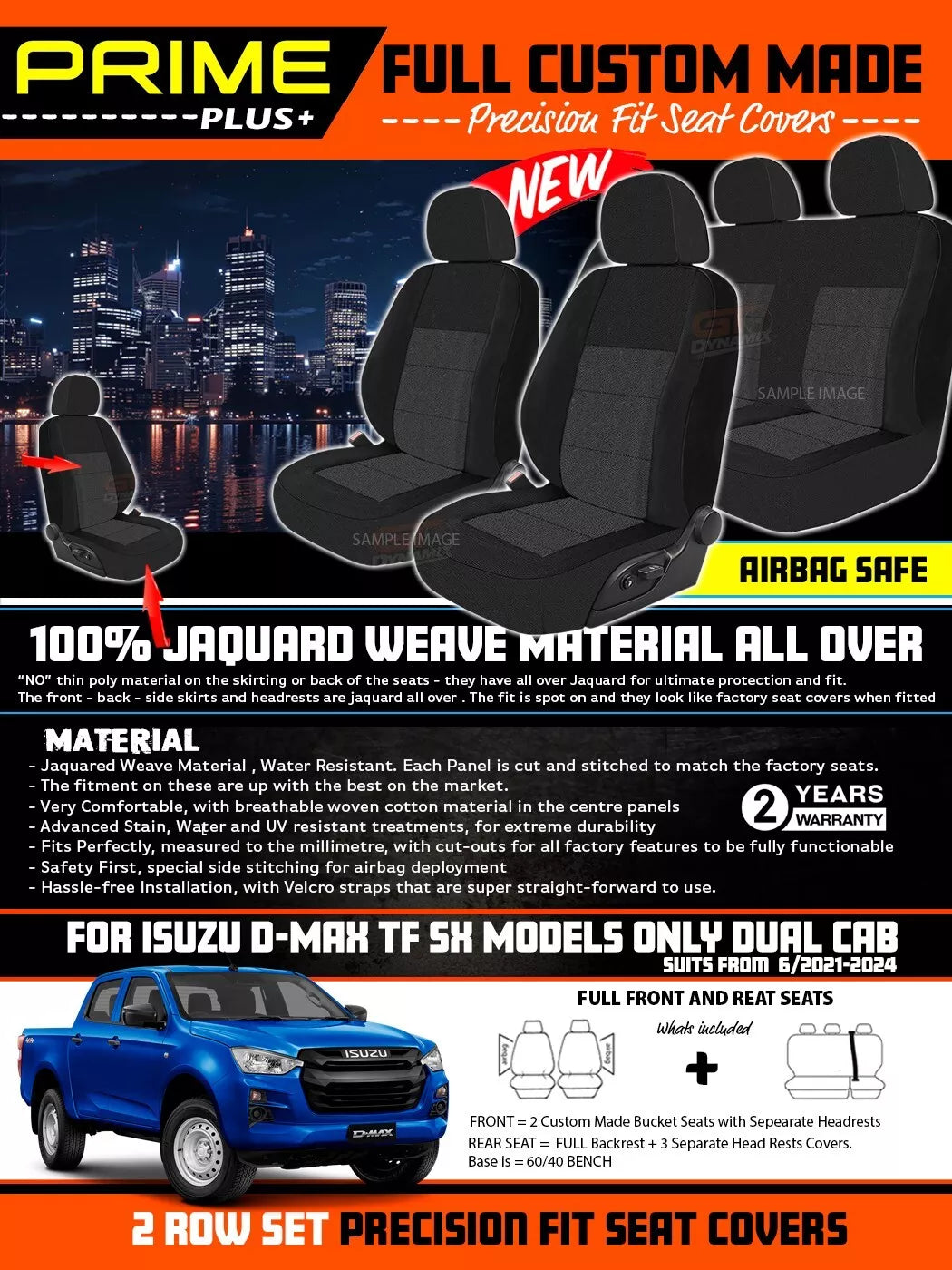PRIME PLUS Seat Covers 2 Rows Black For Isuzu Dmax D-Max TF SX MODELS ONLY 6/2021-2025