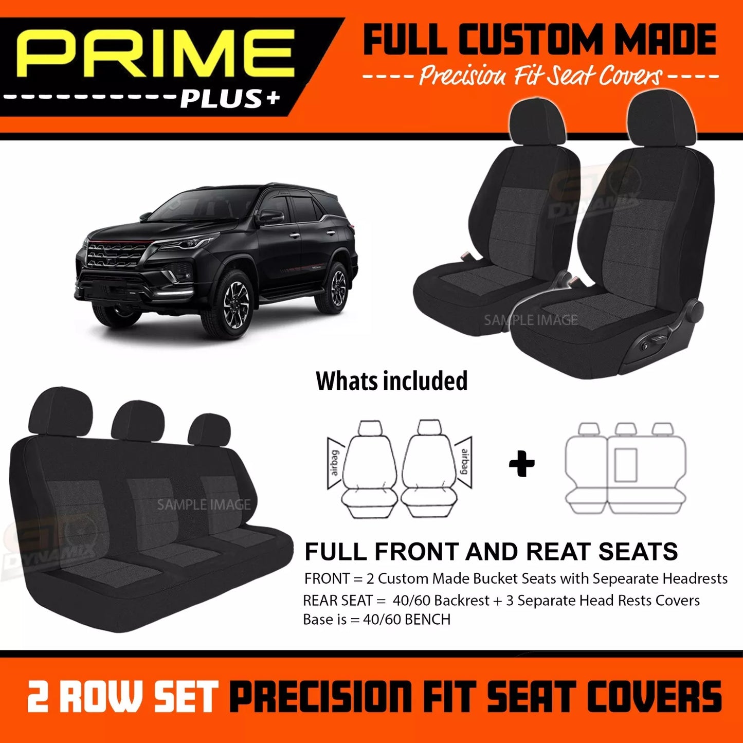 PRIME PLUS Seat Covers 2 Rows Black For Toyota Fortuner GX GXL CRUSADE 2015-2025