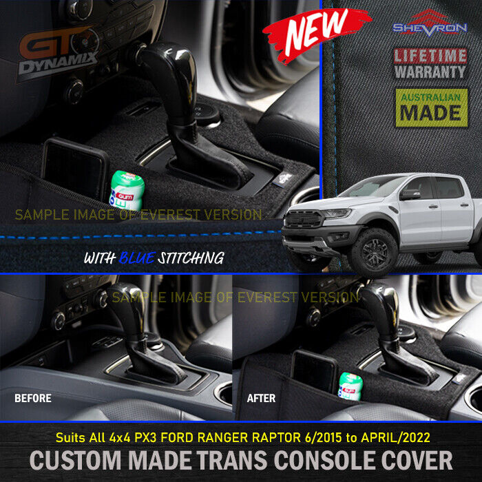 Shevron Transmission Console Cover + Blue Stitching For Ford Ranger PX2 PX3 4WD 6/2015-4/2022
