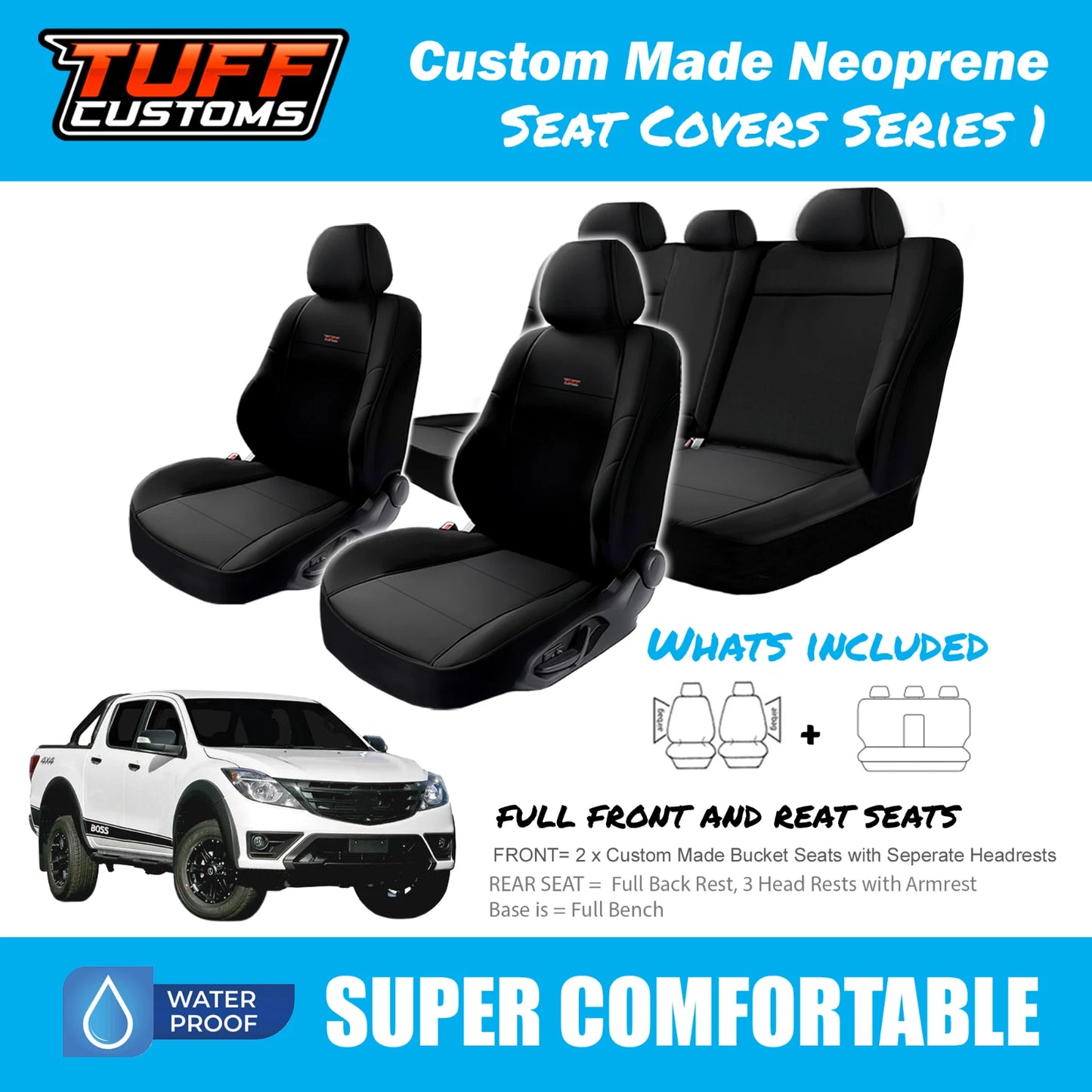 TUFF Customs S1 Neoprene Seat Covers 2 Rows For Mazda BT-50 UR XT XTR BT50 10/2015-2020