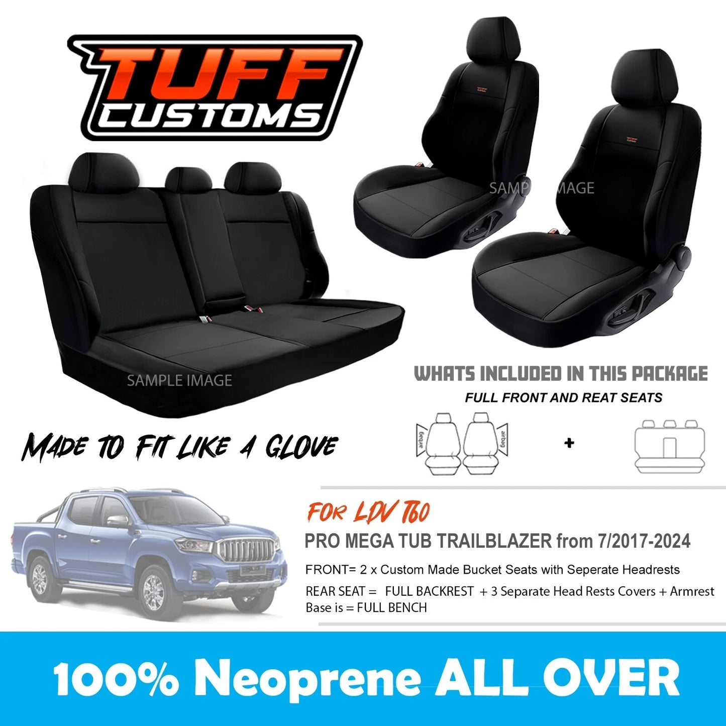 Tuff Customs Neoprene Seat Covers 2 Rows For LDV T60 SK8C Pro Trailrider Megatub 7/2017-2024