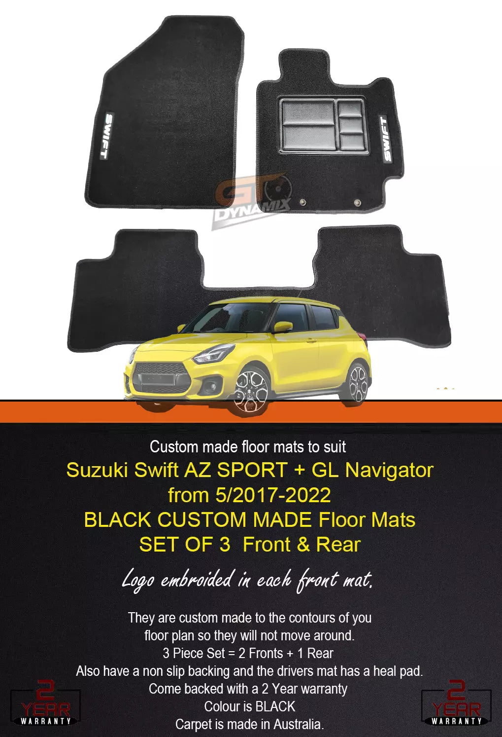 Custom Made Floor Mats for Suzuki Swift AZ SPORT GL Navigator 5/2017-2024 BLACK
