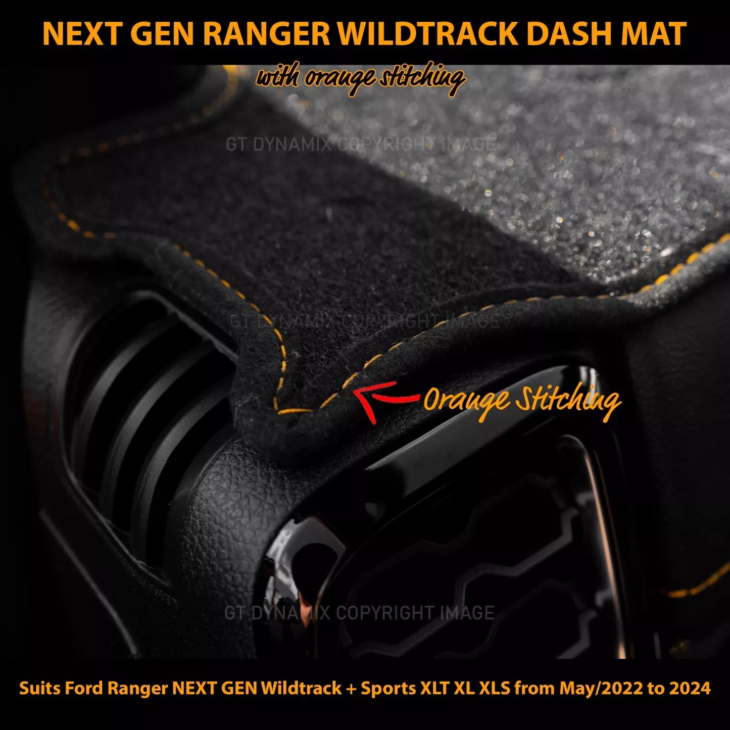 Shevron Black Dash Mat with Orange Stitching For Ford NEXT GEN Ranger Wildtrak Raptor & Platinum w/ In Dash Glove Box 5/2022-2025 DMO1652