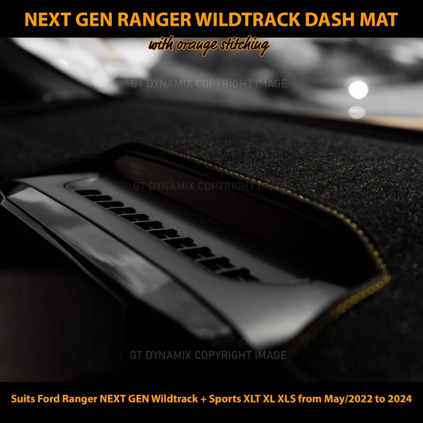 Shevron Black Dash Mat with Orange Stitching For Ford NEXT GEN Ranger Wildtrak Raptor & Platinum w/ In Dash Glove Box 5/2022-2025 DMO1652