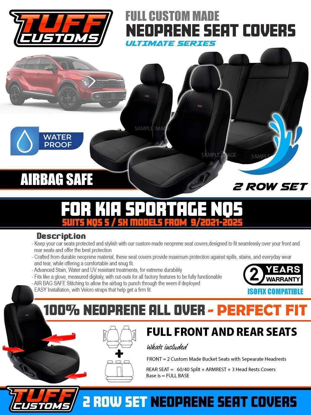 TUFF Customs Neoprene Seat Covers 2 Rows For Kia Sportage NQ5 ( S SX ONLY) 9/2021-2024