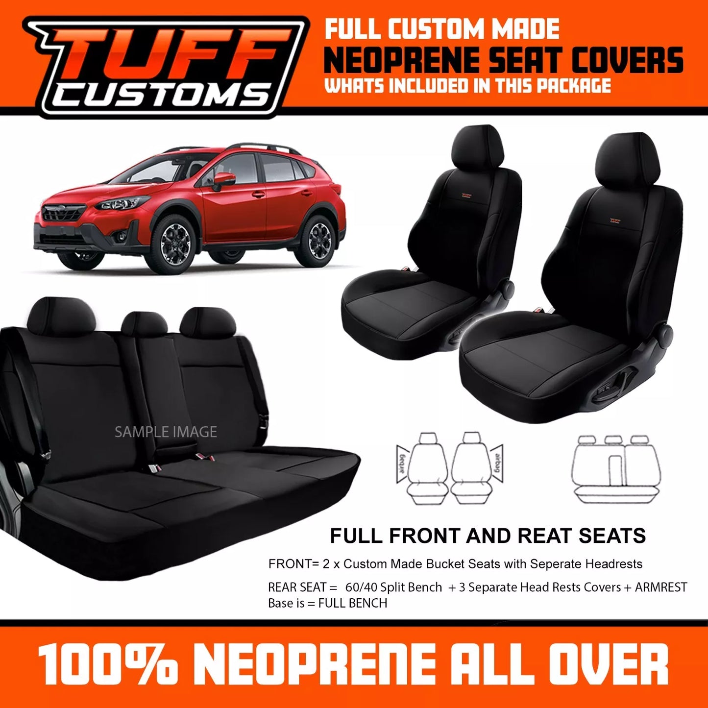 TUFF Customs Neoprene Seat Covers For Subaru XV 2.0i-L Premium 2.0i-S 2017-2022 2 Rows Black