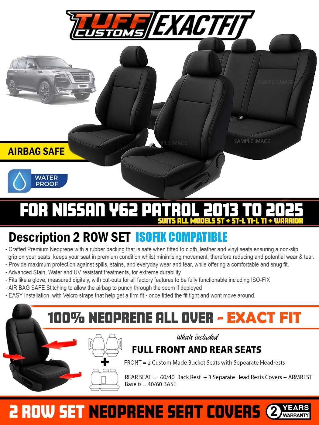 TUFF Customs ExactFit Neoprene Seat Covers Nissan Patrol Y62 ST Ti Ti-L ST-L Warrior 2013/2025 2 Rows