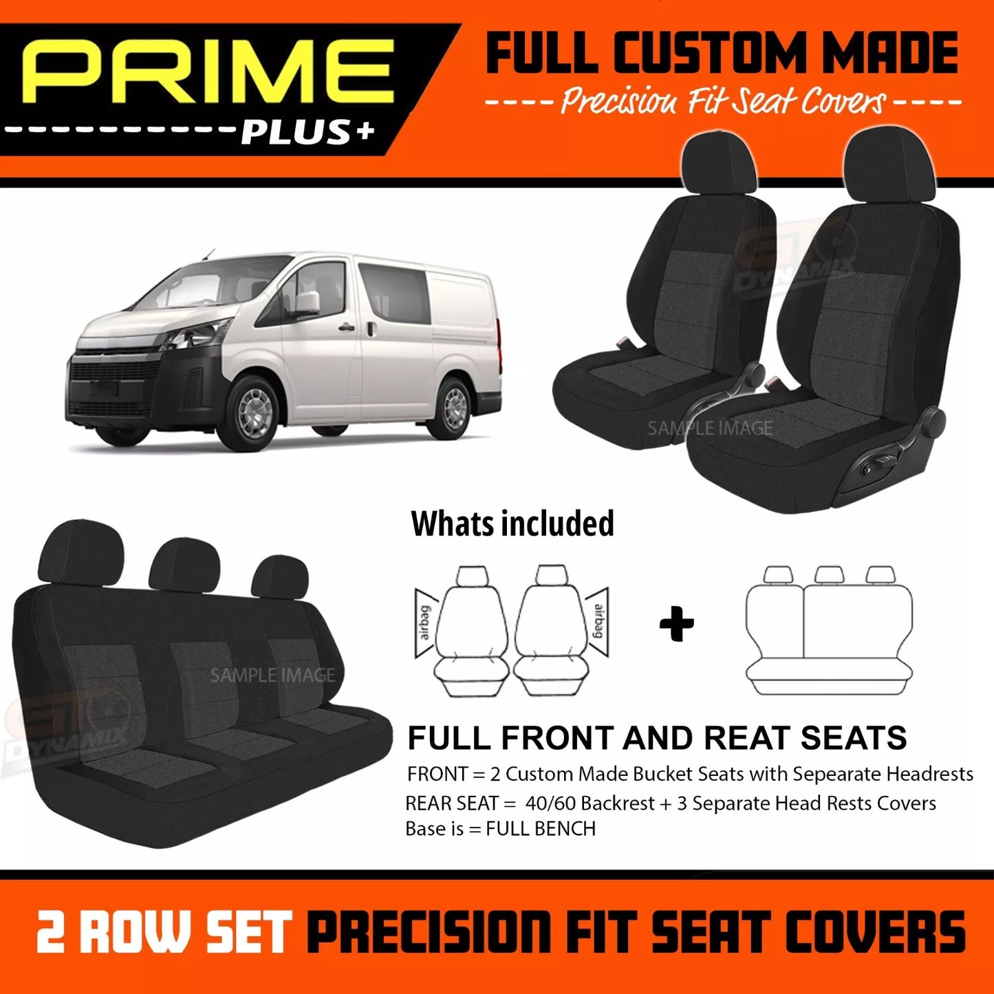 PRIME PLUS Seat Covers 2 Rows Charcoal Grey For TOYOTA HIACE CREW VAN GDH300R 2/2019-2025