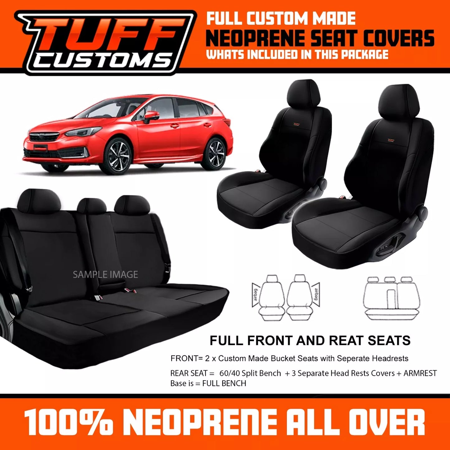 TUFF Customs Neoprene Seat Covers For Subaru Impreza 2.0i-L 2.0i 2.0i-S 2017-2022 2 Rows Black