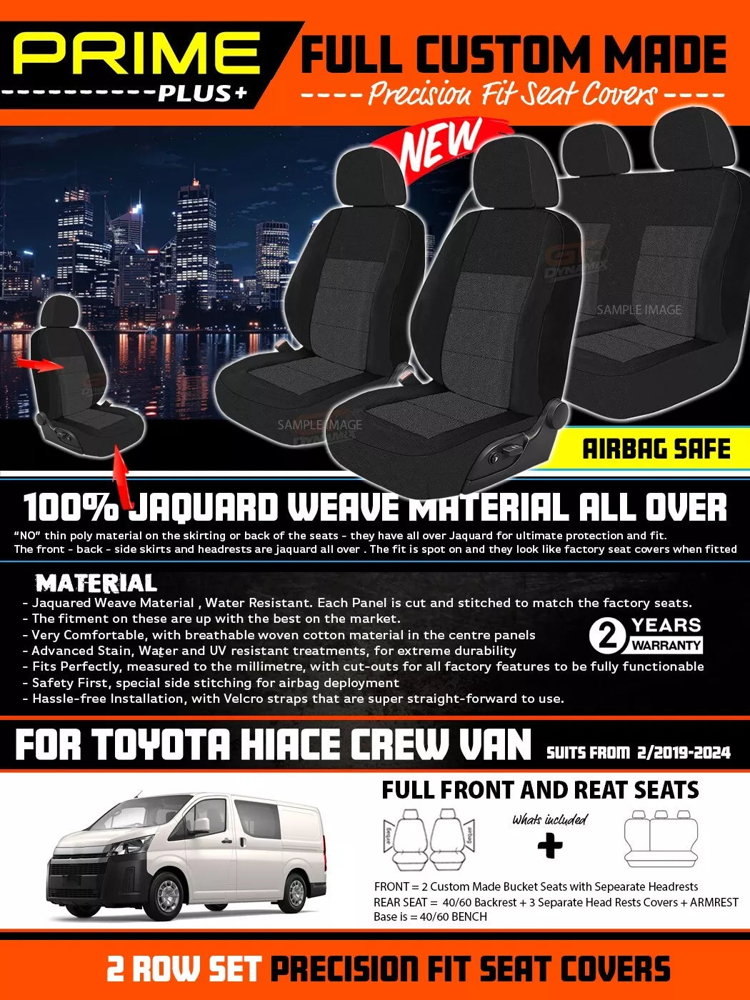 PRIME PLUS Seat Covers 2 Rows Charcoal Grey For TOYOTA HIACE CREW VAN GDH300R 2/2019-2025